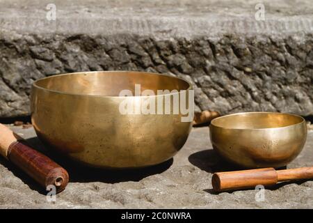 Tibetan singing bowl made of seven metals Stock Photo