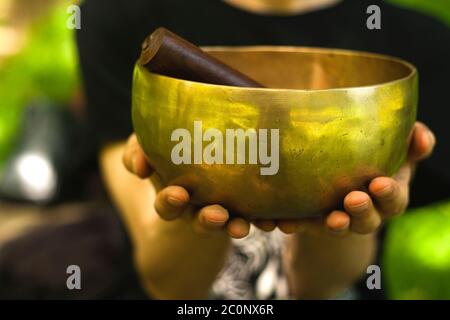 Tibetan singing bowl made of seven metals Stock Photo