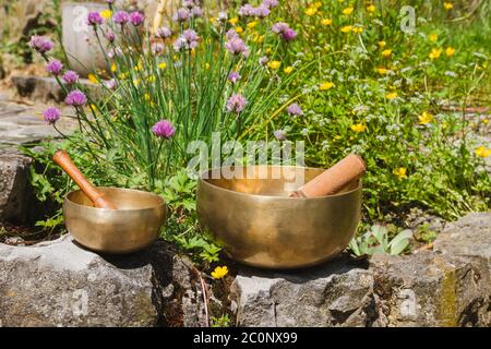 Tibetan singing bowl made of seven metals Stock Photo