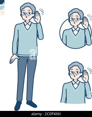 Senior Man with Listening images. It's vector art so it's easy to edit. Stock Vector