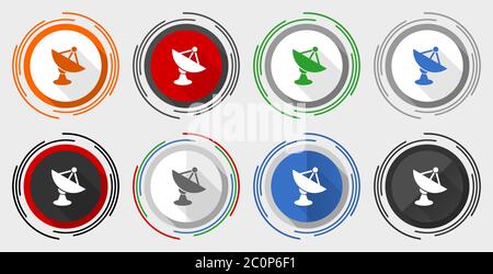 Antenna, satellite, dish, radar vector icon set, modern design flat graphic in 8 options for web design and mobile applications Stock Vector