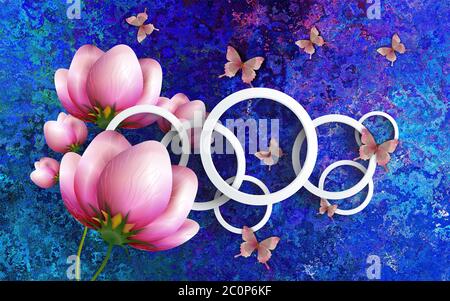 3d illustration, Pink lotus flowers with white geometrical rings on bright blue textured background Stock Photo