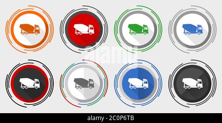 Concrete mixer, truck, vehicle conept modern design flat graphic in 8 options for web design and mobile applications Stock Vector