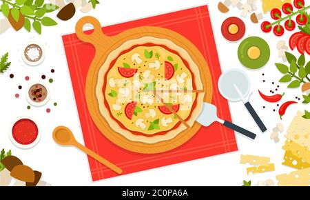 Round pizza mushroom. Vector illustration in flat design. Popular fast food. Top view. Stock Vector