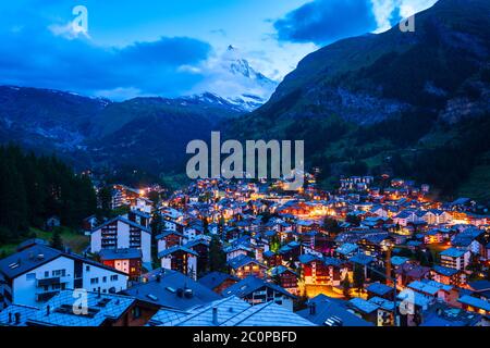 Zermatt town and Matterhorn mountain aerial panoramic view in the Valais canton of Switzerland Stock Photo