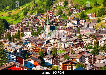 Traditional local houses in the centre of Zermatt town in the Valais canton of Switzerland Stock Photo