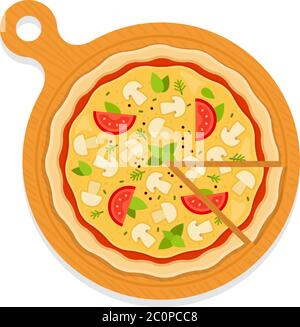 Mushroom Pizza on board with a cut piece flat icon vector isolated Stock Vector