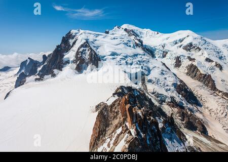 Mont Blanc or Monte Bianco meaning White Mountain is the highest mountain in the Alps and in Europe, located between France and Italy Stock Photo