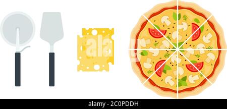 Set of sliced ​​pizza with mushrooms, square slices of cheese with a knife and pizza spatula in a row flat single icon vectorwhite Stock Vector