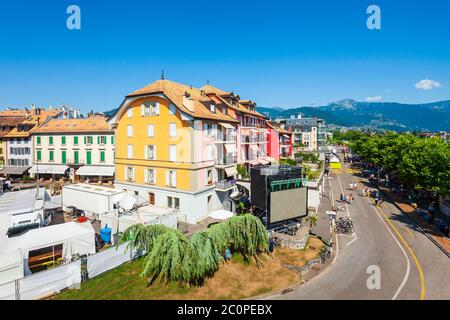 Vevey aerial panoramic view. Vevey is a small town located on the shore of Geneva Lake in Switzerland. Stock Photo