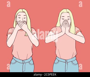 Shocked and surprised young girls with casual clothes. Hand drawn style vector illustration isolated on red background. Women with hands on mouth. Stock Vector