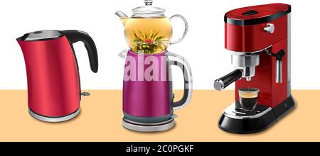 Vector illustration set of red coffee machine with cup of coffee, red kettle and traditional Turkish kettle with teapot isolated on white background Stock Vector