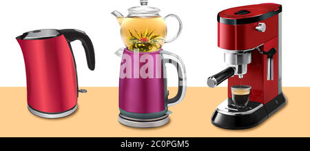 Vector illustration set of red coffee machine with cup of coffee, red kettle and traditional Turkish kettle with teapot isolated on white background Stock Vector