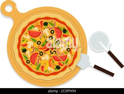 Mexican pizza on a wooden board with utensils flat icon vector isolated Stock Vector