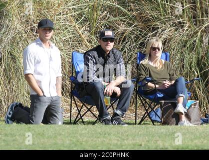 Reese Witherspoon, husband Jim Toth and ex husband Ryan Phillippe watch their son Deacon Phillippe play soccer in Brentwood, California. November 2012