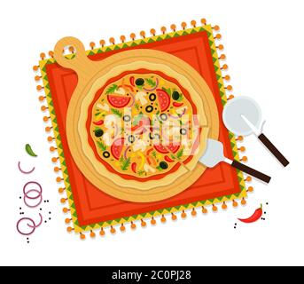 Round delicious pizza mexica vector flat illustration. Popular fast food. Top view. Stock Vector