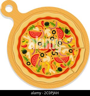 Mexican pizza on board with a cut piece flat icon vector isolated Stock Vector