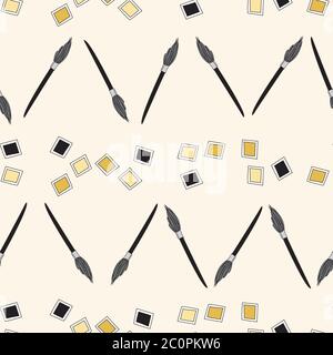 Brushes and Paint Pans striped and zigzagged, yellow black and white doodle sketches on white background repeat vector pattern surface design Stock Vector