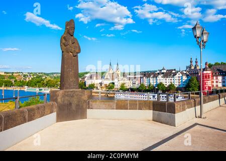 Stone figure of the Elector Balduin of Luxembourg on the Balduin Bridge or Balduinbrucke in Koblenz Stock Photo