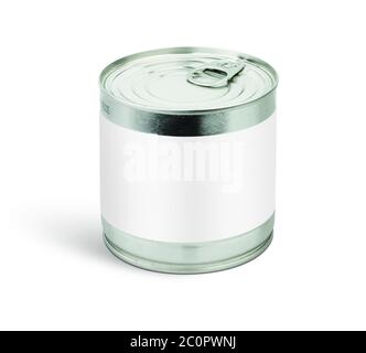 Metal tin can with blank label on white, clipping path Stock Photo