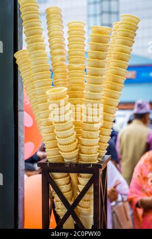 Empty Stacked Ice Cream Cones, Ice Cream Cones kept for display Stock Photo