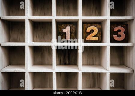 123 Concept Wooden Letterpress Type in Draw Stock Photo