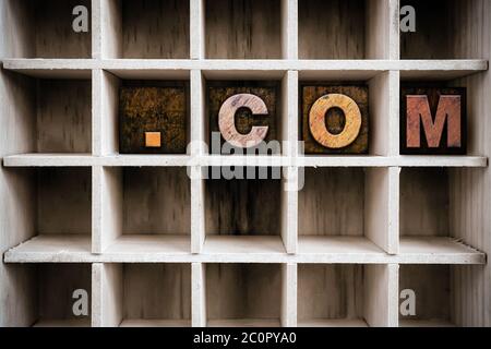 Dot Com Concept Wooden Letterpress Type in Draw Stock Photo