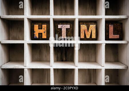 HTML Concept Wooden Letterpress Type in Draw Stock Photo