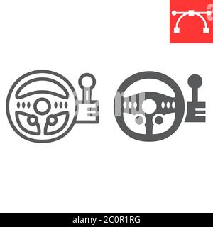 Game steering wheel line and glyph icon, video games and simulator, racing controller sign vector graphics, editable stroke linear icon, eps 10. Stock Vector