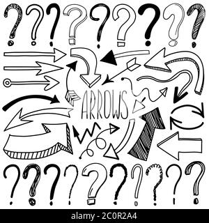 Doodle arrows and questions marks icon set isolated on white. Grunge black Hand drawn ink arrow. Vector illustration Stock Vector