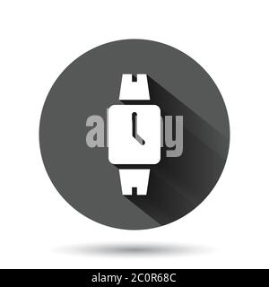 Wrist watch icon in flat style. Hand clock vector illustration on black round background with long shadow effect. Time bracelet circle button business Stock Vector