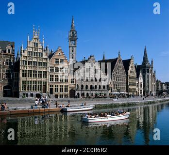 Graslei and Guild Houses, Ghent, Flanders, Belgium Stock Photo