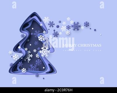Christmas holiday background. Paper cut Christmas tree with snowflakes. 3d layered effect in blue colors, vector illustration. Stock Vector