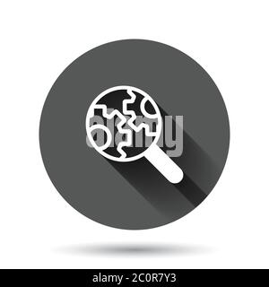 Loupe with gear icon in flat style. Magnifying glass vector illustration on black round background with long shadow effect. Seo exploration circle but Stock Vector
