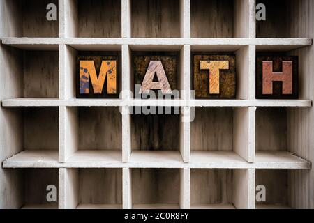 Math Concept Wooden Letterpress Type in Drawer Stock Photo