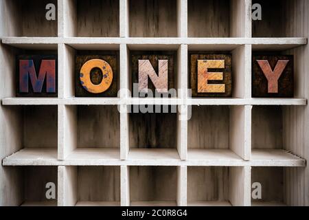 Money Concept Wooden Letterpress Type in Drawer Stock Photo