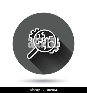 Loupe with gear icon in flat style. Magnifying glass vector illustration on black round background with long shadow effect. Seo exploration circle but Stock Vector