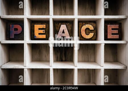 Peace Concept Wooden Letterpress Type in Drawer Stock Photo