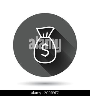 Money bag icon in flat style. Moneybag with dollar vector illustration on black round background with long shadow effect. Cash sack circle button busi Stock Vector