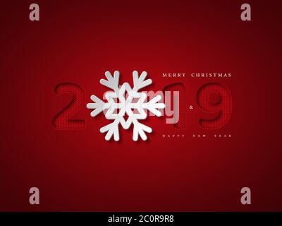 Christmas background with 2019 and snowflake. Paper cut style with red background and knitted pattern inside numbers, vector illustration. Stock Vector