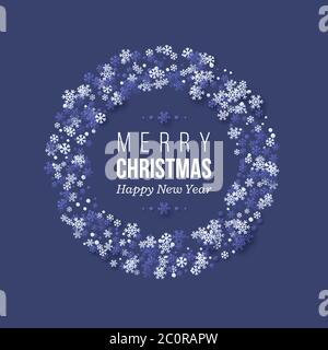 Christmas holiday frame with paper cut style snowflakes. Dark blue ...