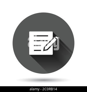 Blogging icon in flat style. Document with pen vector illustration on black round background with long shadow effect. Content circle button business c Stock Vector