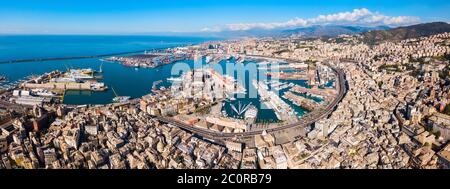 Genoa port aerial panoramic view. Genoa or Genova is the capital of Liguria region in Italy. Stock Photo