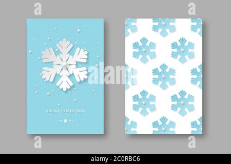 Christmas holiday posters with paper cut style snowflakes. Blue dotted background with greeting text, vector illustration. Stock Vector