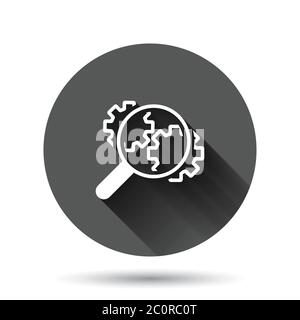 Loupe with gear icon in flat style. Magnifying glass vector illustration on black round background with long shadow effect. Seo exploration circle but Stock Vector