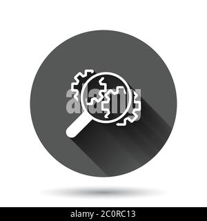 Loupe with gear icon in flat style. Magnifying glass vector illustration on black round background with long shadow effect. Seo exploration circle but Stock Vector
