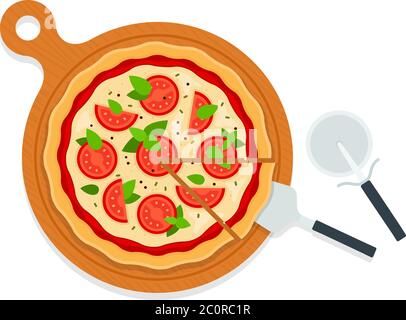 Pizza Margarita on a wooden board with utensils flat icon vector isolated Stock Vector