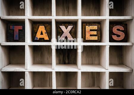 Taxes Concept Wooden Letterpress Type in Drawer Stock Photo