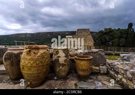 Knossos Palace, Crete / Greece. Minoan Pithoi (Pithoi is the Greek name of the large storage containers) at the archaeological site of Knossos Palace Stock Photo