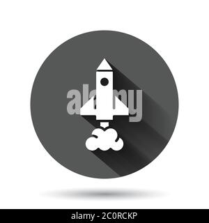 Rocket icon in flat style. Spaceship launch vector illustration on black round background with long shadow effect. Sputnik circle button business conc Stock Vector